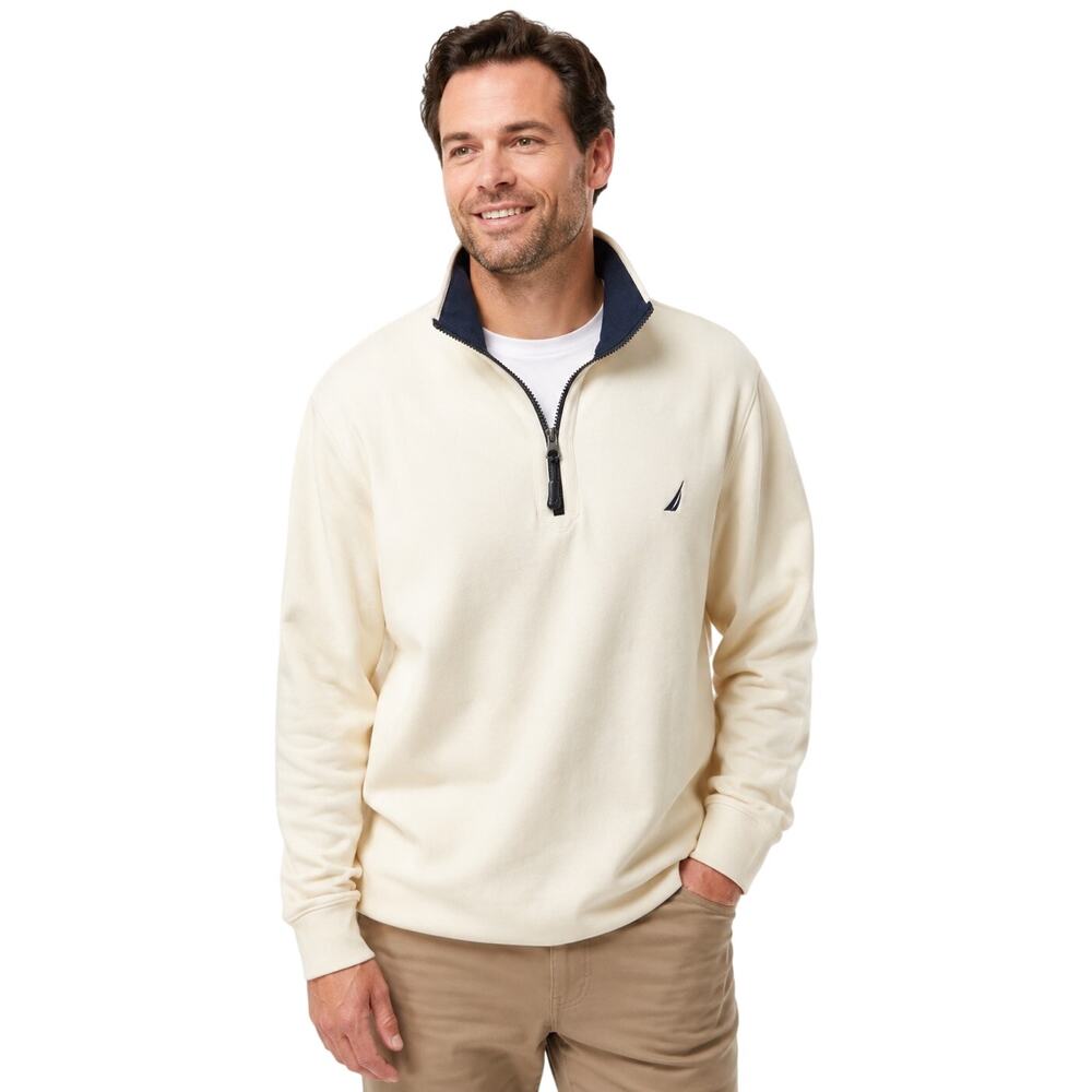 Nautica Quarter Zip Pullover, Cream Navy Cotton Blend Long Sleeve, Men's Large